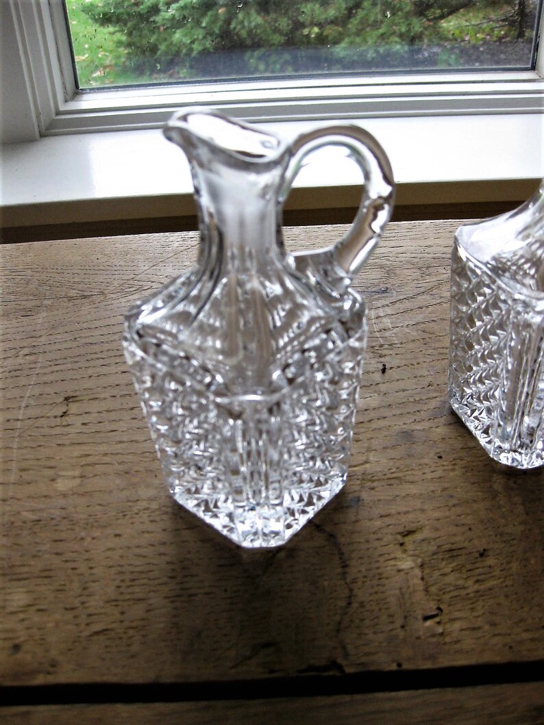 Pair of Vintage Glass Cruets Small Pressed Glass Diamond Cut Etsy