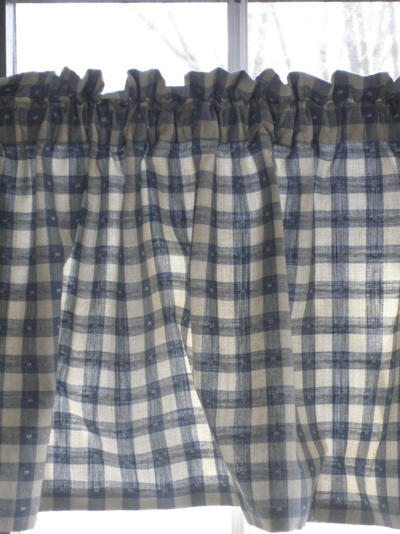 Pair of Vintage Blue and White Check Valance Cafe Curtains, 2 Gingham