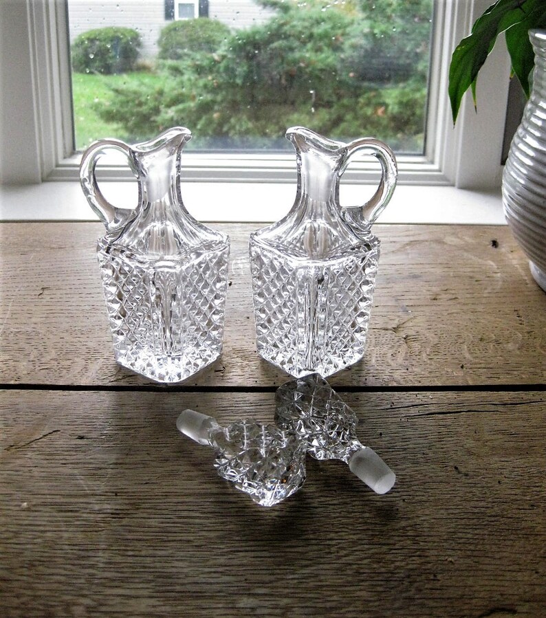 Pair of Vintage Glass Cruets Small Pressed Glass Diamond Cut Etsy