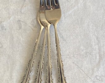 4 Dessert / Salad Forks, Stainless by International Silver Deluxe, discontinued Gigi Pattern, 1972 - 1988, Dining Serving Flatware Utensils