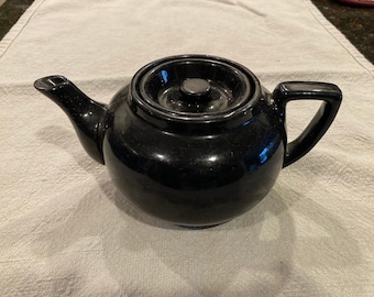 Vintage Glazed Black Redware Teapot, Ceramic Clay Mid Century Farmhouse Kitchen Classic Tea Serving