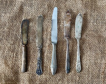 Assorted Lot 5 Silverplate Butter Knives, Mismatched Silver Utensils, Kitchen Serving Silverware Cheese Spreaders