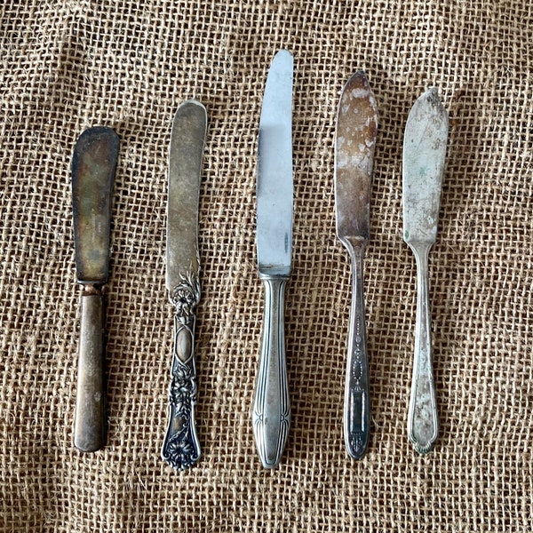 Assorted Lot 5 Silverplate Butter Knives, Mismatched Silver Utensils, Kitchen Serving Silverware Cheese Spreaders