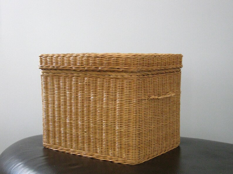 Vintage Rattan File Basket Wicker Box with Lid Home Office Etsy