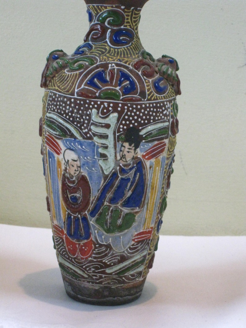 Antique Japanese Moriage pottery Vase Unmarked Satsuma Asian Etsy