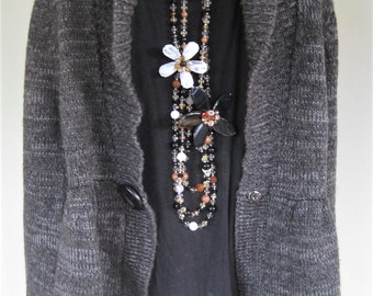 Long Glass Bead Necklace with Large Flowers, Black and White with colored Beads, Ladies Chunky Jewelry