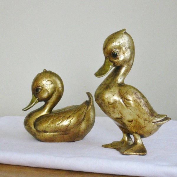 Pair of Freeman McFarlin Vintage Gold Leaf Ducks, Mr. and Mrs.Duck Figurines, Potteries of California Signed Anthony, 1960s Collectible