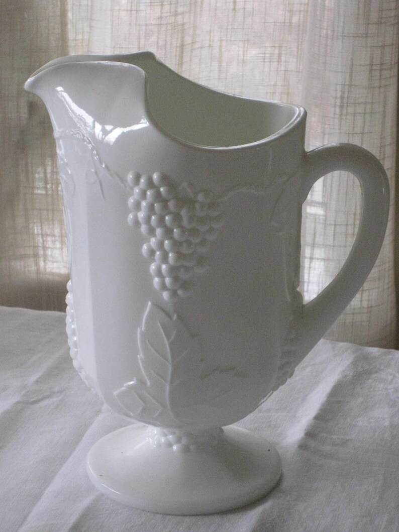 Large White Milk Glass Pitcher Embossed Grapes Vintage Etsy