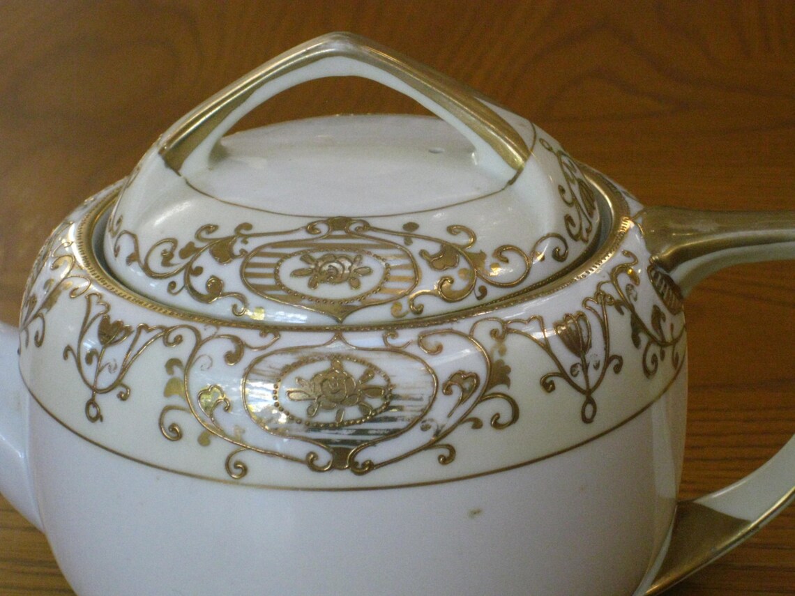 Antique Nippon Teapot Handpainted Gold and White Christmas Etsy