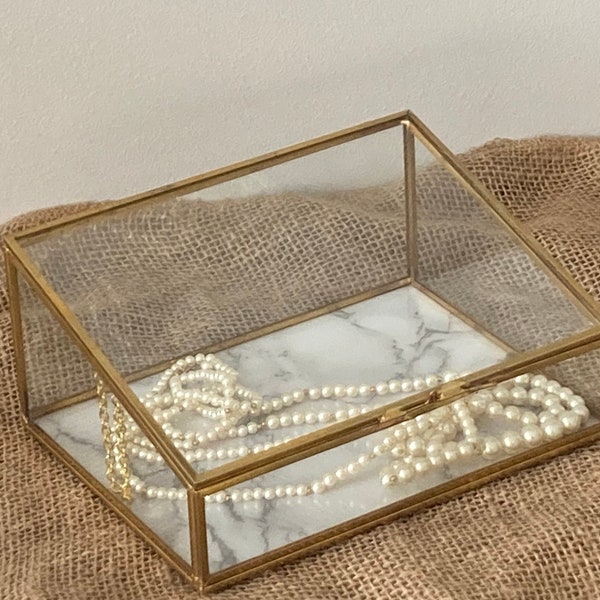 Small Glass Jewelry Shadow Box, Brass, Faux Marble, Ladies Keepsake Accessory Collectible Container 8" x 6"