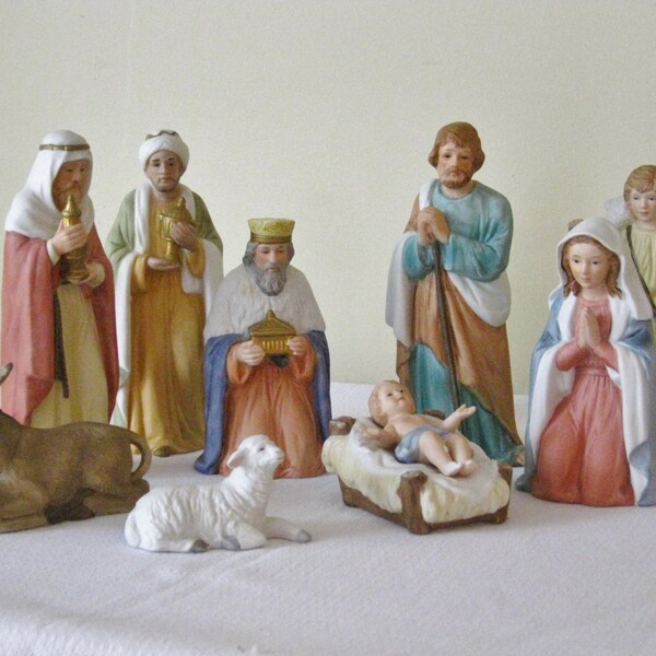 RESERVED Vintage Homco Nativity Figurines, Holy Family Wisemen, Donkey Sheep Manger, Bisque Figures birth of Christ, Christmas Scene Decor