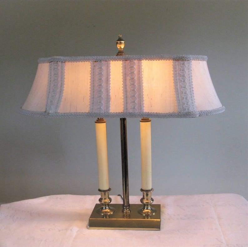 Vintage Brass Double Candlestick Light Table Lamp Original Oval Shade Ornate Mid Century Desk Lighting Home Office Electric