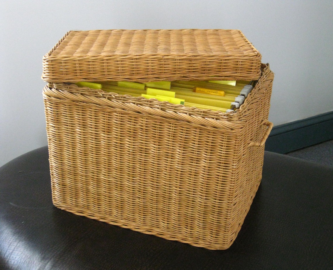 Vintage Rattan File Basket Wicker Box with Lid Home Office Etsy