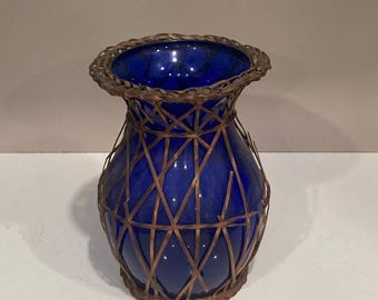 Vintage Blue Cobalt Vase, Woven Wicker Overlay, Glass Flower Vessel