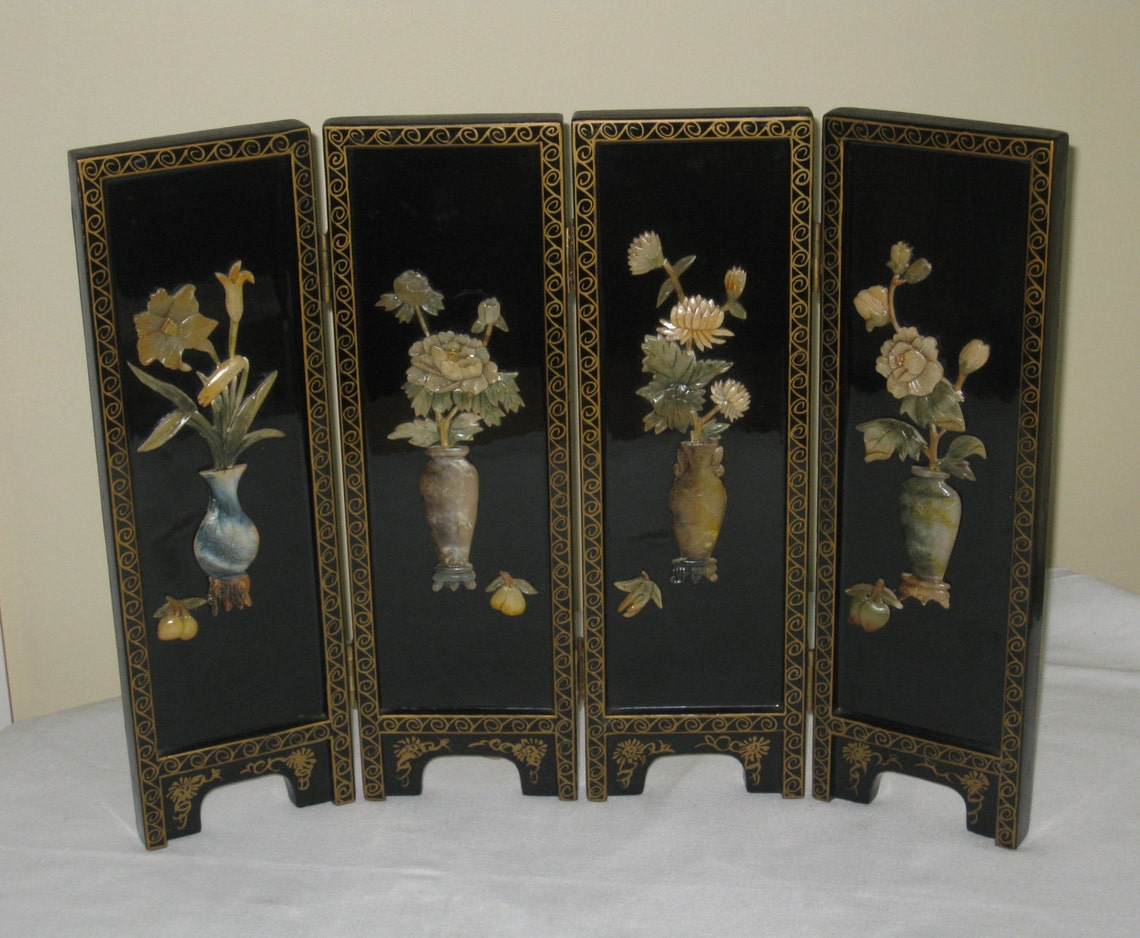 Vintge Asian Table Top Screen Divider Folding Four Panel Etsy