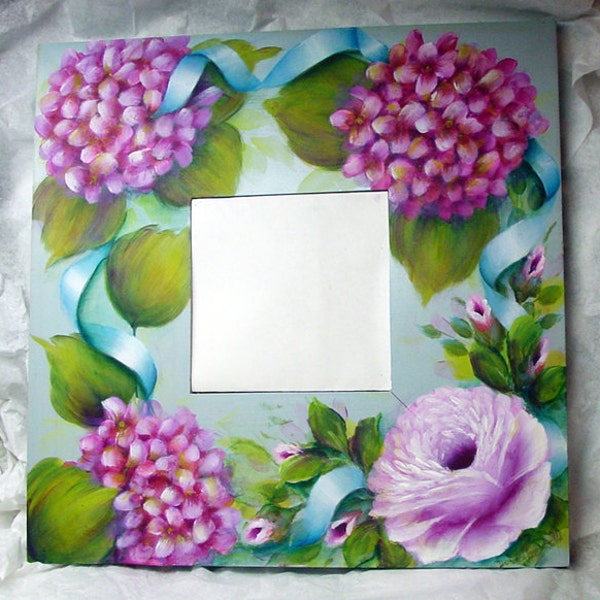 Hand Painted Wooden Ikea Mirror Shabby Blue with Hydrangeas Roses Ribbons And Greens By DonnaLee