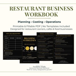 Könnte beinhalten: Ein Restaurant-Business-Workbook mit dem Titel "Restaurant Business Workbook". Es umfasst Bereiche wie Planung, Kostenrechnung und Betrieb. Es ist für Restaurantbesitzer konzipiert und enthält druckbare PDF-Vorlagen.