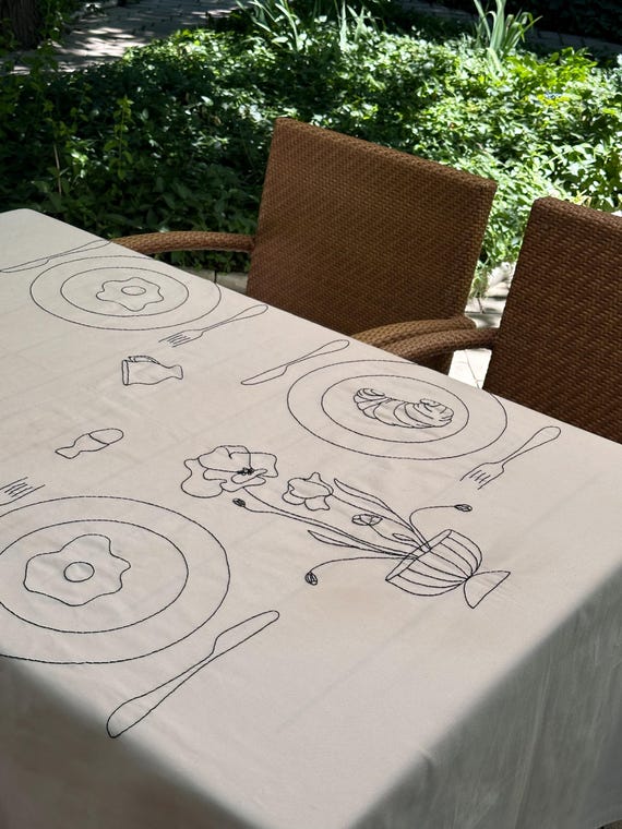 手刺繍のテーブルクロス「ブレックファスト・クラブ」 - Etsy 日本