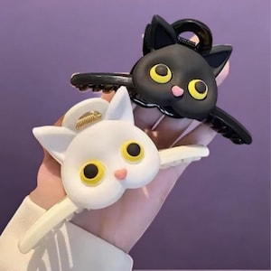 愛らしい猫のヘアークロークリップ、黒、白、女性と女の子のためのかわいい猫のヘアアクセサリー、楽しい猫のヘアクリップ、かわいい猫のクリップ、動物のヘアクリップ