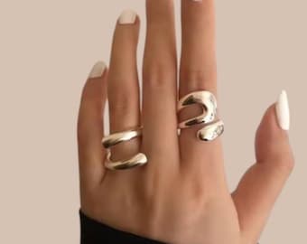 Modern Geometric Ring Set- Adjustable Duo in Gold and Silver Finish,silver wrap ring,minimalist chunky ring,trendy adjustable ring,wide ring
