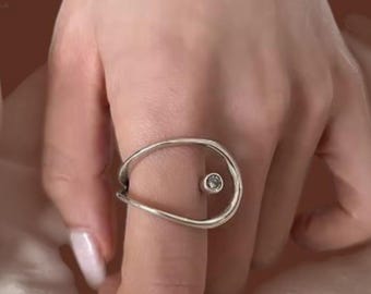 Adjustable Geometric Silver Ring with Zircon Stone: Modern Minimalist Design