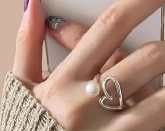 Adjustable 925 Sterling Silver Heart and Pearl Ring,Minimalist Open Design for Women,trendy adjustable ring,silver wrap hear ring,pearl ring