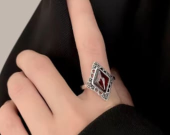 Adjustable Silver Tone Garnet Ring: Vintage Boho Statement Jewelry