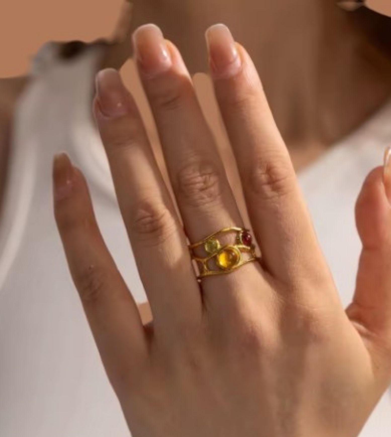 Adjustable 18K Gold Plated Resin Ring: Triple Color Stainless Steel
