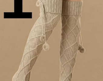 Knee-High Knit Winter Socks with Pom Poms - 4 Color Options,over knee wool socks,knit wool socks for women,long thigh high leg warmers,