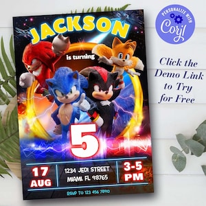 Bearbeitbare Sonic-Geburtstagseinladung - Druckbare Sonic 3 Party-Vorlage für Jungen, sofortiger digitaler Download Videospiel einladen