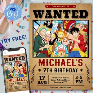 Anime-manga-uitnodiging, anime-uitnodiging manga-verjaardagsuitnodiging, Gezocht poster verjaardagsuitnodiging, piraat anime One Piece-uitnodiging