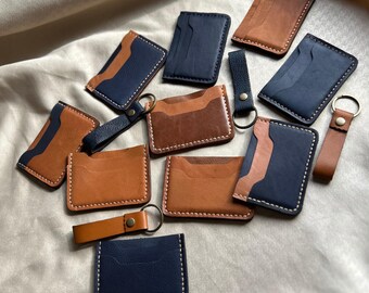 Leather Handcrafted Cardholder and Matching Key chain Gift Set, Genuine Leather, Multi Color Slim Wallet, Leather Custom Gift, Gift Idea