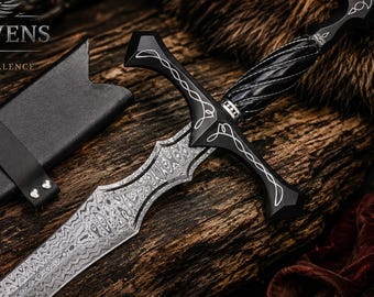 Queen of Swords Damascus Steel Sword, Handmade Viking Sword with Scabbard, Personalized Medieval Collectible, Fantasy Display Gift