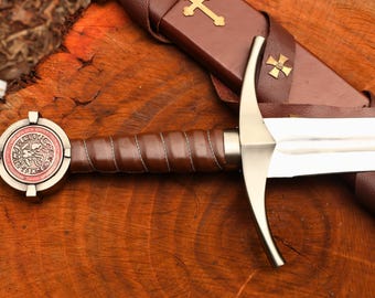 Knights Templar Sword Replica – Hand Forged Medieval Display Sword with Leather Sheath