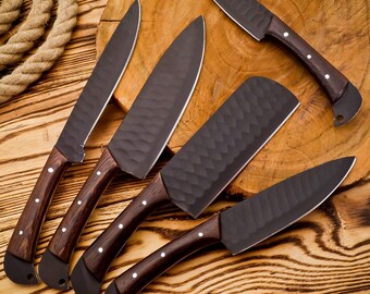 Juego de cuchillos de chef hechos a mano en acero al carbono de alta calidad, mango de madera de wengué (5 piezas).