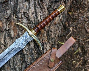 Hand Forged Damascus Steel Viking Sword | Rosewood Handle, Leather Sheath