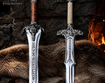 Handmade Conan Barbarian Sword Pair with Wall Mount, Stainless Steel Twin Swords, Medieval Fantasy Replica, Anniversary Gift for Him