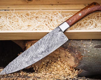 Handmade Damascus Chef Knife | Walnut Handle, 13-inch Kitchen Knife