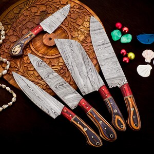 Handmade Damascus Steel Chef Knife Set of 5 Pcs, Kitchen Knife Set, Valentines Day Gift, Anniversary Gift, New Year Gift, Gift for her, Chef