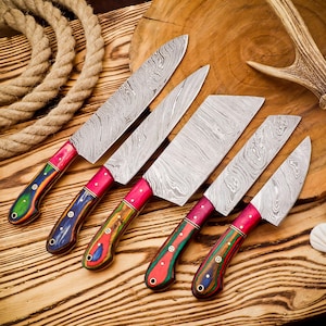 Handmade Luxury Damascus Steel Chef Knife Set of 5 Pcs, Kitchen Knives, Newly Design Chef Set, Christmas Gift, Chef Gift, Anniversary Gift