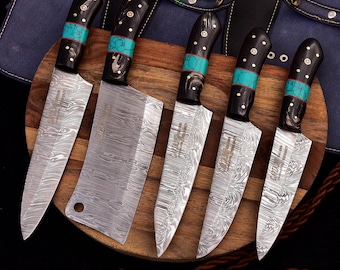 Best Handmade 5 Pcs Luxury Chef Knife Set, Kitchen Knives | Chef Knives Set, Hand Forged Damascus Steel Knife Gift for him, Gifts for her