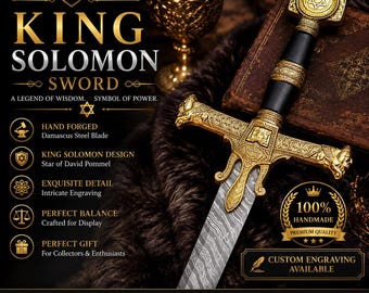 King Solomon Sword Handmade Damascus Steel Replica, Decorative Medieval Sword, Star of David Collectible, Historical Display Gift