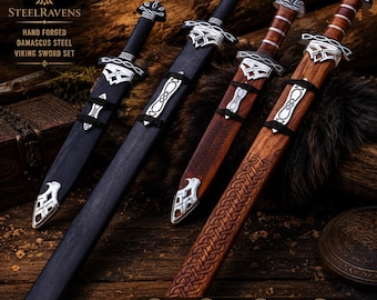 Damascus Viking Sword Set, Hand Forged Sword & Dagger, Medieval Collector Gift, Norse Warrior Replica, Wooden Scabbard, Gift for Him