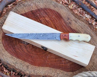 Handmade Damascus Steel Fillet Knife | Rosewood & Bone Handle