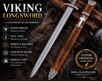 Hand Forged Damascus Viking Sword with Scabbard, Medieval Longsword, Handmade Norse Sword, Collector Gift, Gift for Dad