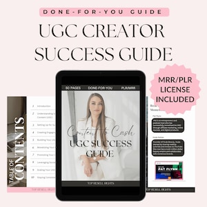 May include: A digital product guide with a pink and black cover. The guide is titled "UGC Creator Success Guide" and features a woman on the cover. The guide includes 50 pages of content and comes with a MRR/PLR license.