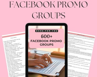 May include: A pink and white digital tablet displaying a list of over 600 Facebook groups for promoting businesses. The text "DONE-FOR-YOU 600+ FACEBOOK PROMO GROUPS" is displayed on the tablet screen. A person's hands are typing on a laptop keyboard.