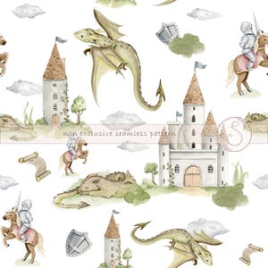 Könnte beinhalten: Nahtloses Aquarellmuster mit Burgen, Rittern zu Pferd, Drachen, Schilden und Schriftrollen. Das Design enthält den Text "non exclusive seamless pattern" in einem skurrilen Stil, vor einem weißen Hintergrund mit Wolken.