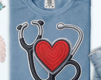 Comfort Colors Nurse Heart Stethoscope Shirt, Faux Embroidery Style, Medical Appreciation Tee, Nursing Grad Shirt, Essential Worker Shirt