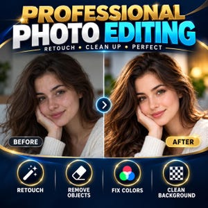 May include: A digital graphic for professional photo editing services featuring a split-screen comparison of a person before and after retouching. The text reads Professional Photo Editing, Retouch, Clean Up, Perfect, Before, After, and service icons.